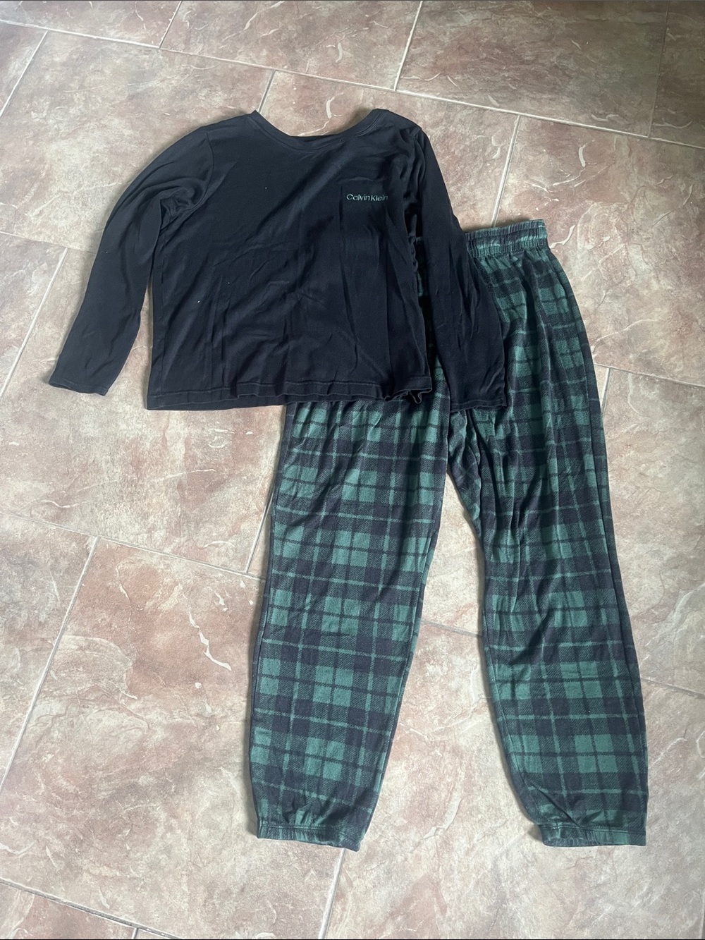 Calvin Klein Black Long-Sleeve Top with Green Plaid Pajama Pants